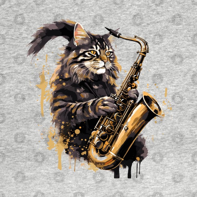 Maine Coon Cat Playing Saxophone by Graceful Designs